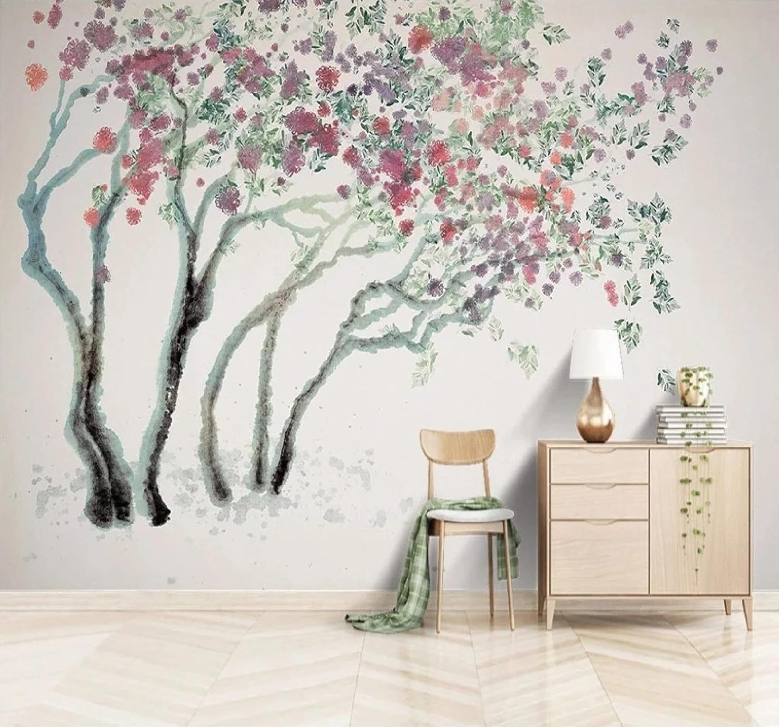 XLMING Hand Drawn Watercolour Trees Flowers Landscape 3D Wallpaper Silky Texture Home Study Office Grey Dining Room Sofa Bedroom Living Room TV Backdrop-430cm×300cm