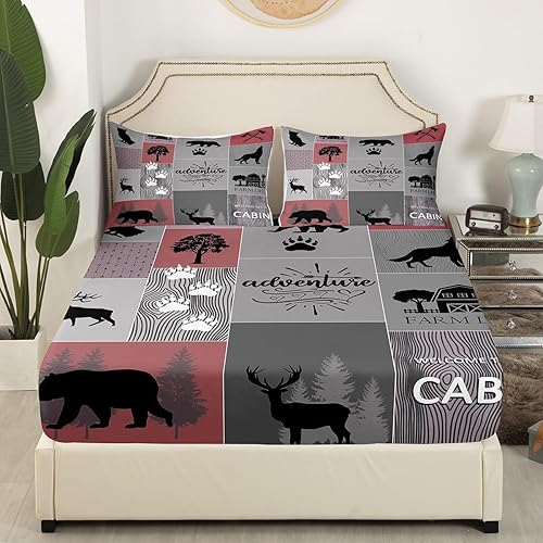 Miniatura 3 de Manfei Sábana bajera ajustable de aventura, tamaño matrimonial, funda de cama de retazos con 2 fundas de almohada, juego de ropa de cama rústica de