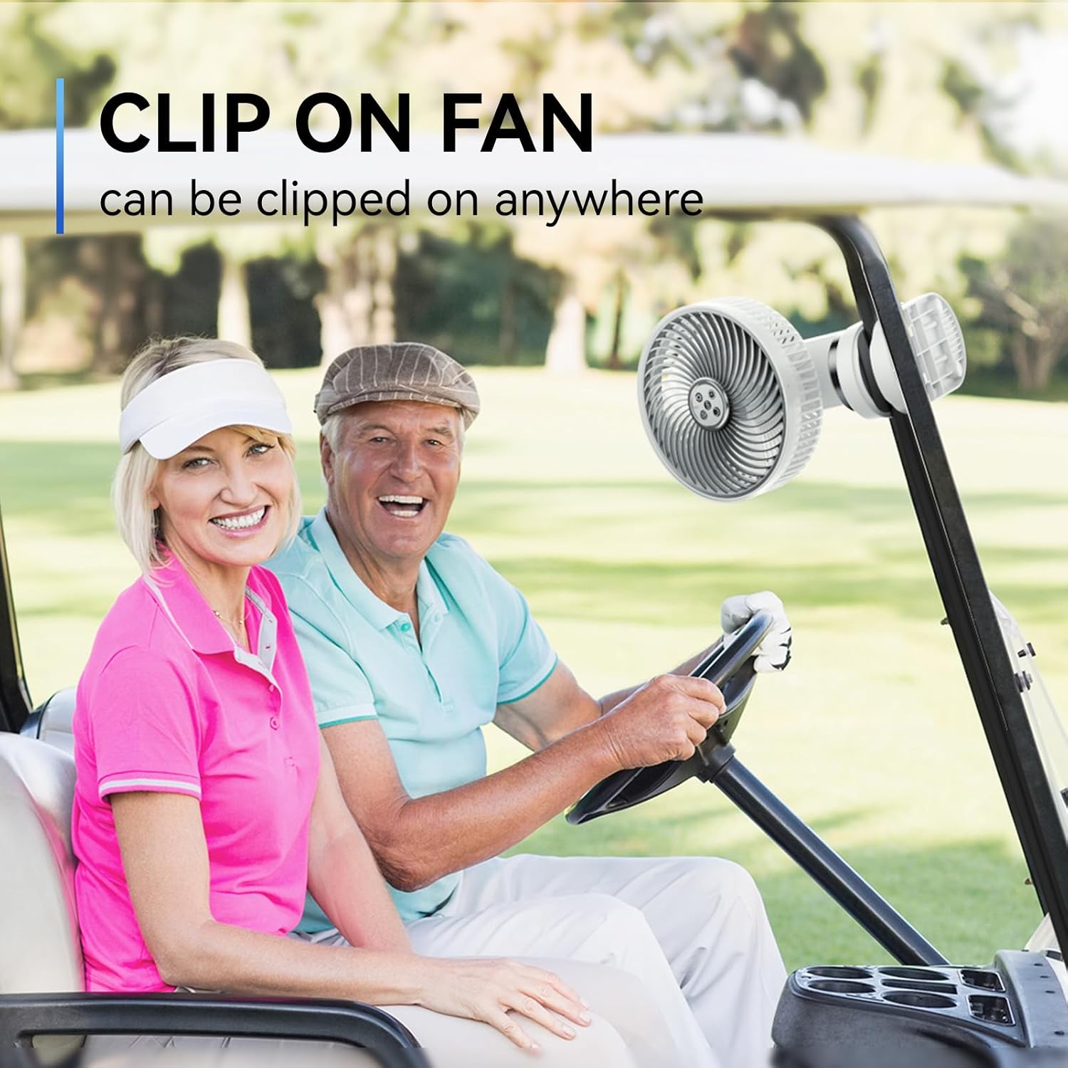 Doublepow fan clipped onto a golf cart