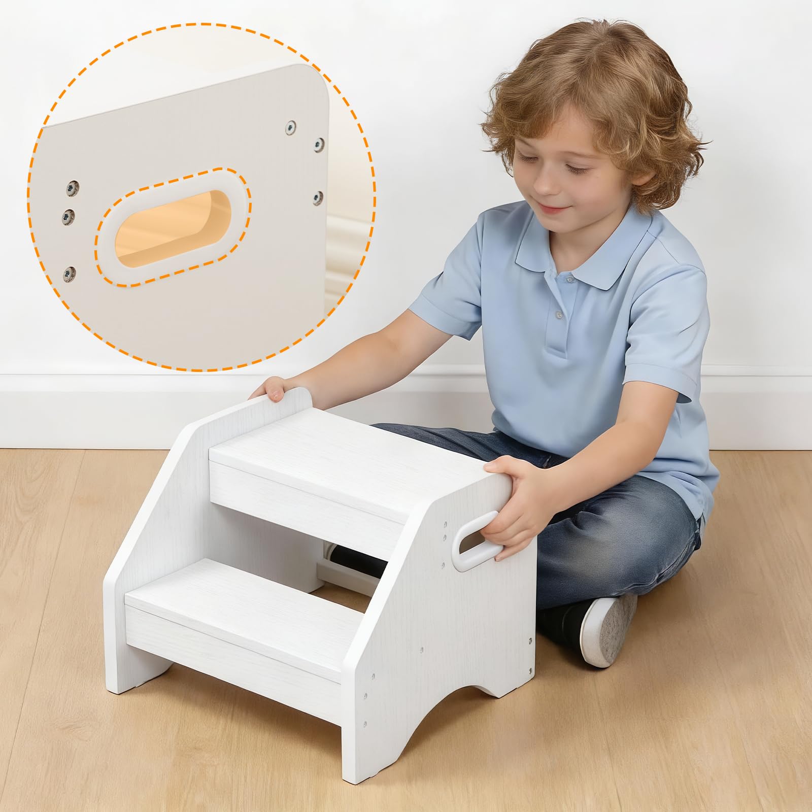 HOOBRO Scaletta a 2 Gradini Bambini in Legno, Sgabello con Maniglie Antiscivolo, Portata 30 kg, Bianco