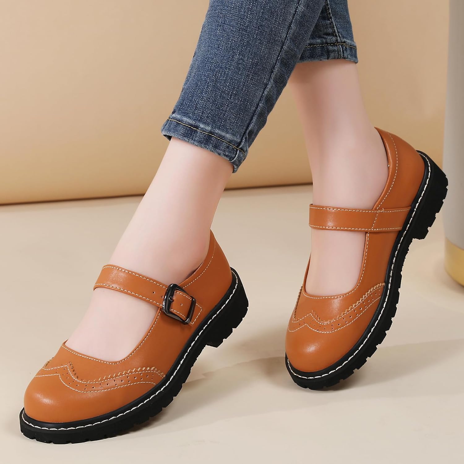 Mary Jane Shoes Women Platform Non-Slip Classics Round Toe Ankle Strap Brogue Style Comfort Casual Oxford Dress Work Mary Jane Flat Shoes - Image 6