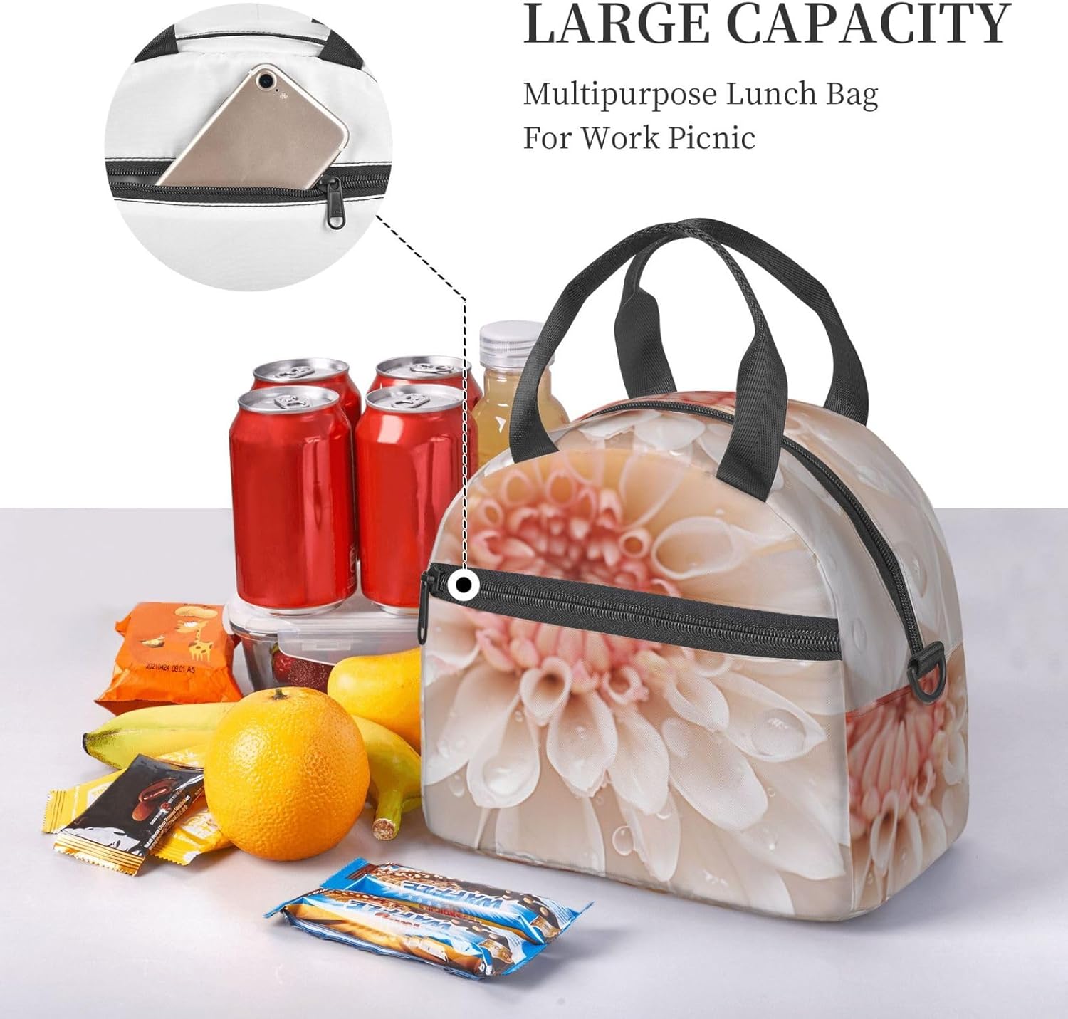 White Flower Print Reusable Lunch Bag Insulated Lunch Boxes for Office Work Picnic Tote Bag Adjustable