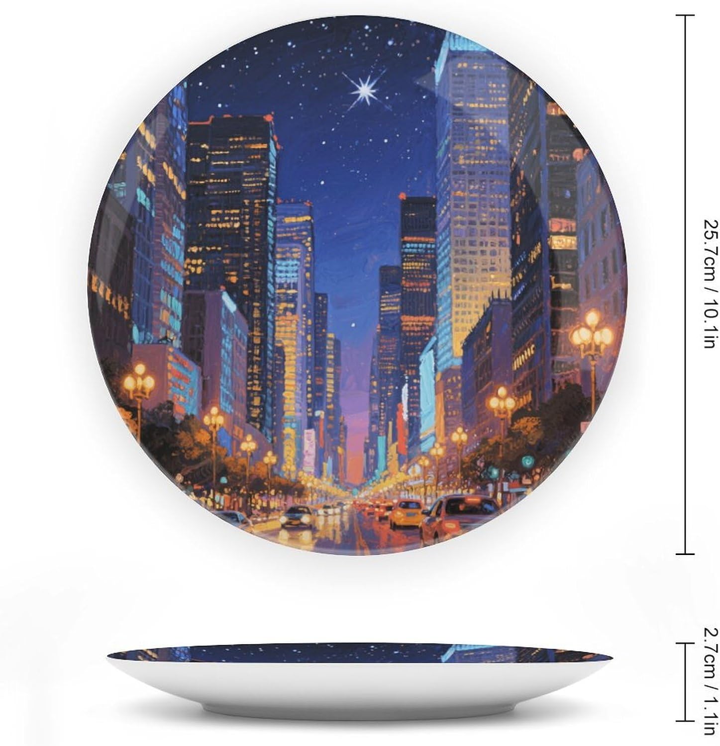 Bone China Decorative Plates Bustling City Night Scene Ceramic Decorative Plate Wall Decor with Display Stand Ceramic Ornaments for Wall Hanging Decoration