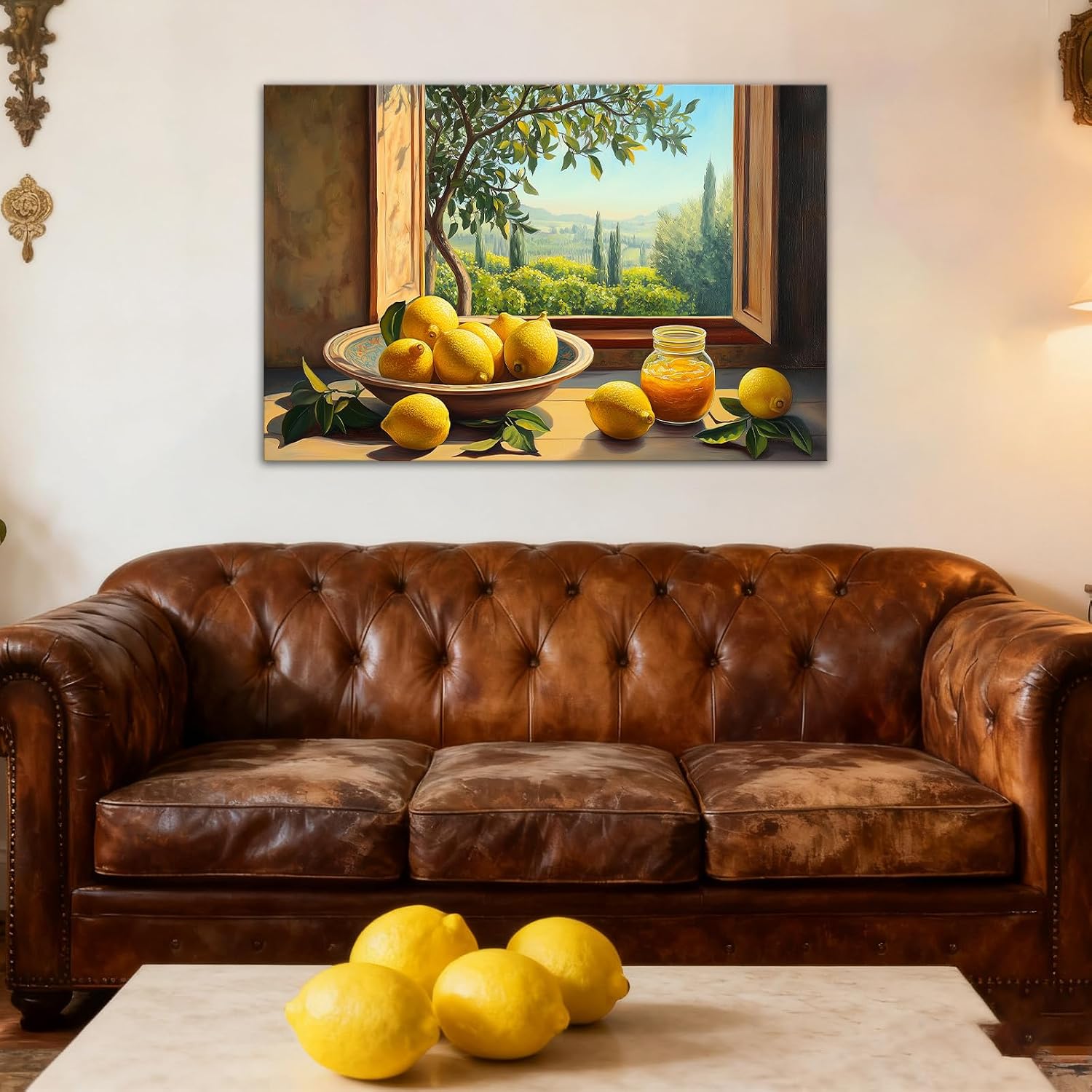 GLOKAKA Tuscan Lemon Still Life Canvas Wall Art Open Window Italian Countryside Landscape Picture Prints Mediterranean Kitchen Decor Ready to Hang(Artwork-1,12"x18")