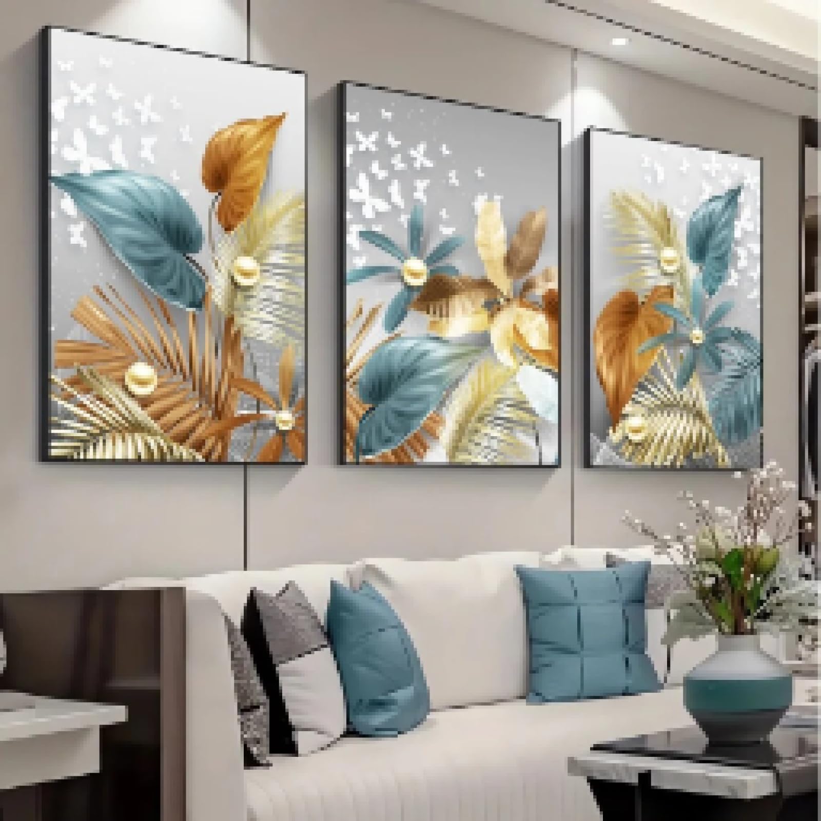 lianyibo 3 szt. złote liście motyl tropikalna roślina abstrakcyjna płótno malarstwo liść palmowy plakat nowoczesny druk obraz ścienny 20 x 30 cm x 3 rama