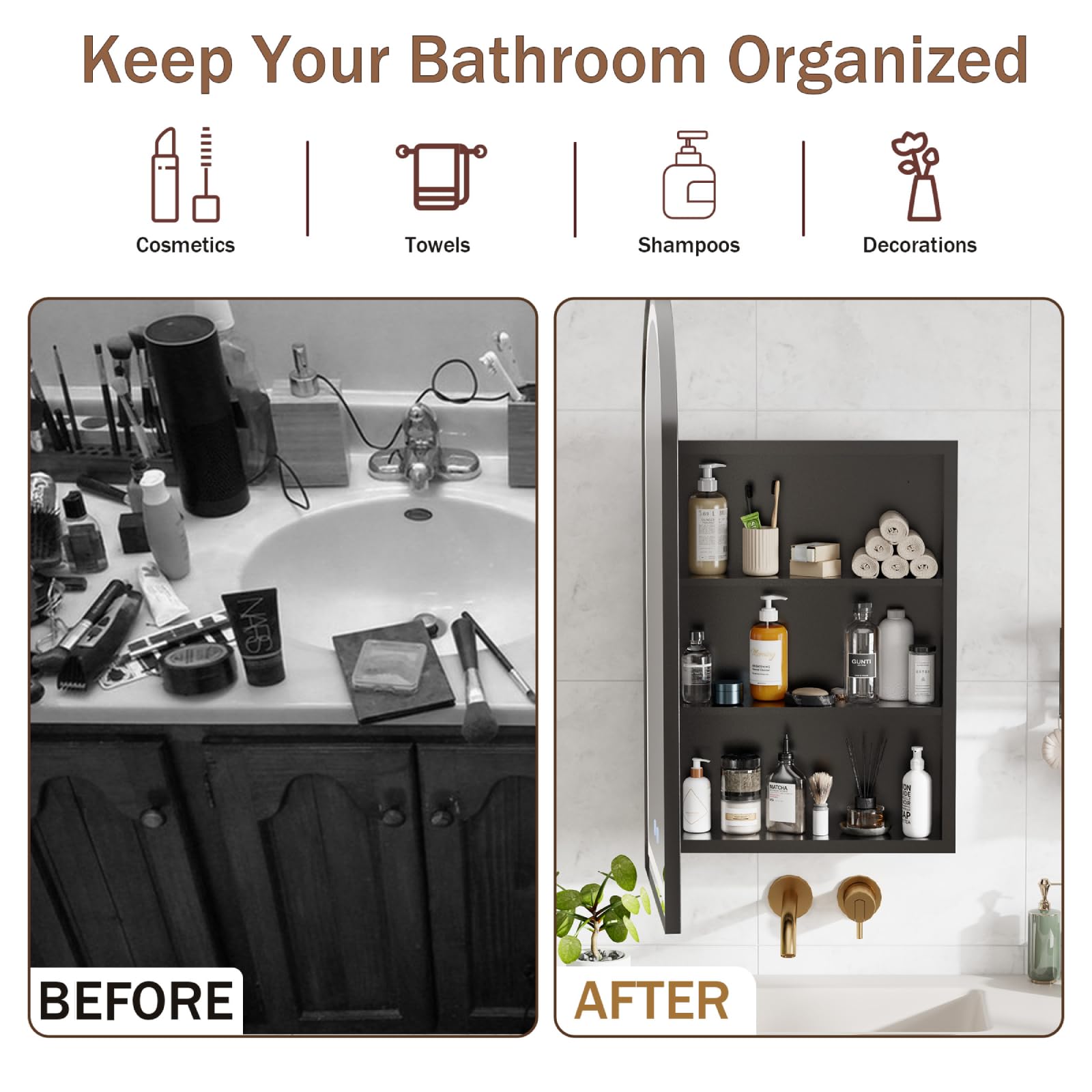 Specchio Contenitore Bagno con Luce e Antiappannamento Arcuata Metal Armadietto Bagno a Parete con 2 Mensola (Nessun assemblaggio richiesto) Specchio Contenitore Bagno 40x79x12.5 cm