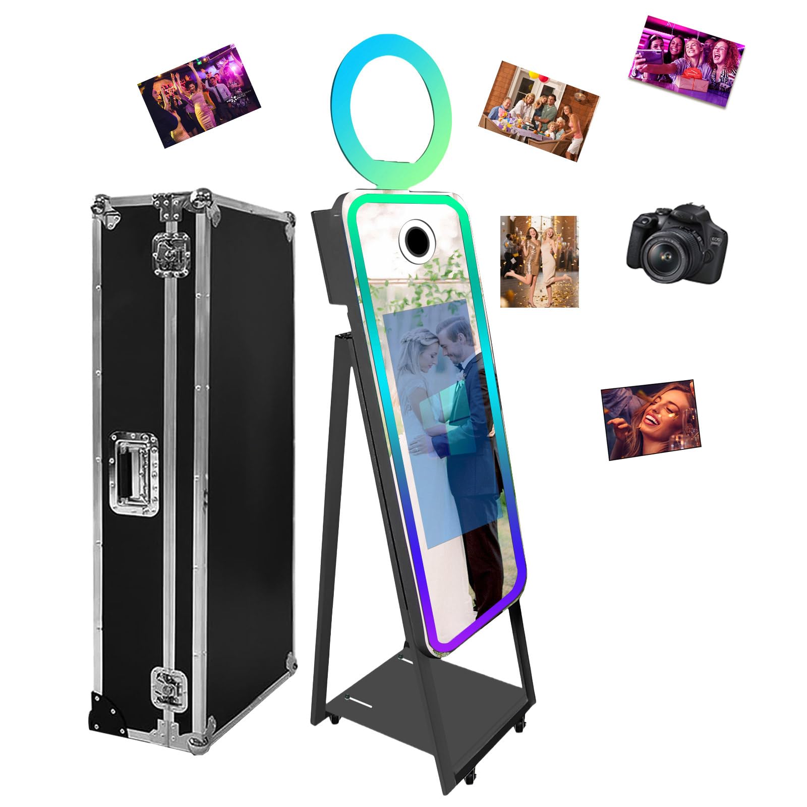 Magic Mirror Photo Booth for Camera with 21.5in Touch All-in-one,Camera Photo Booth Selfie Station with RGB Light and Flight Case for Parties Wedding Exhibition