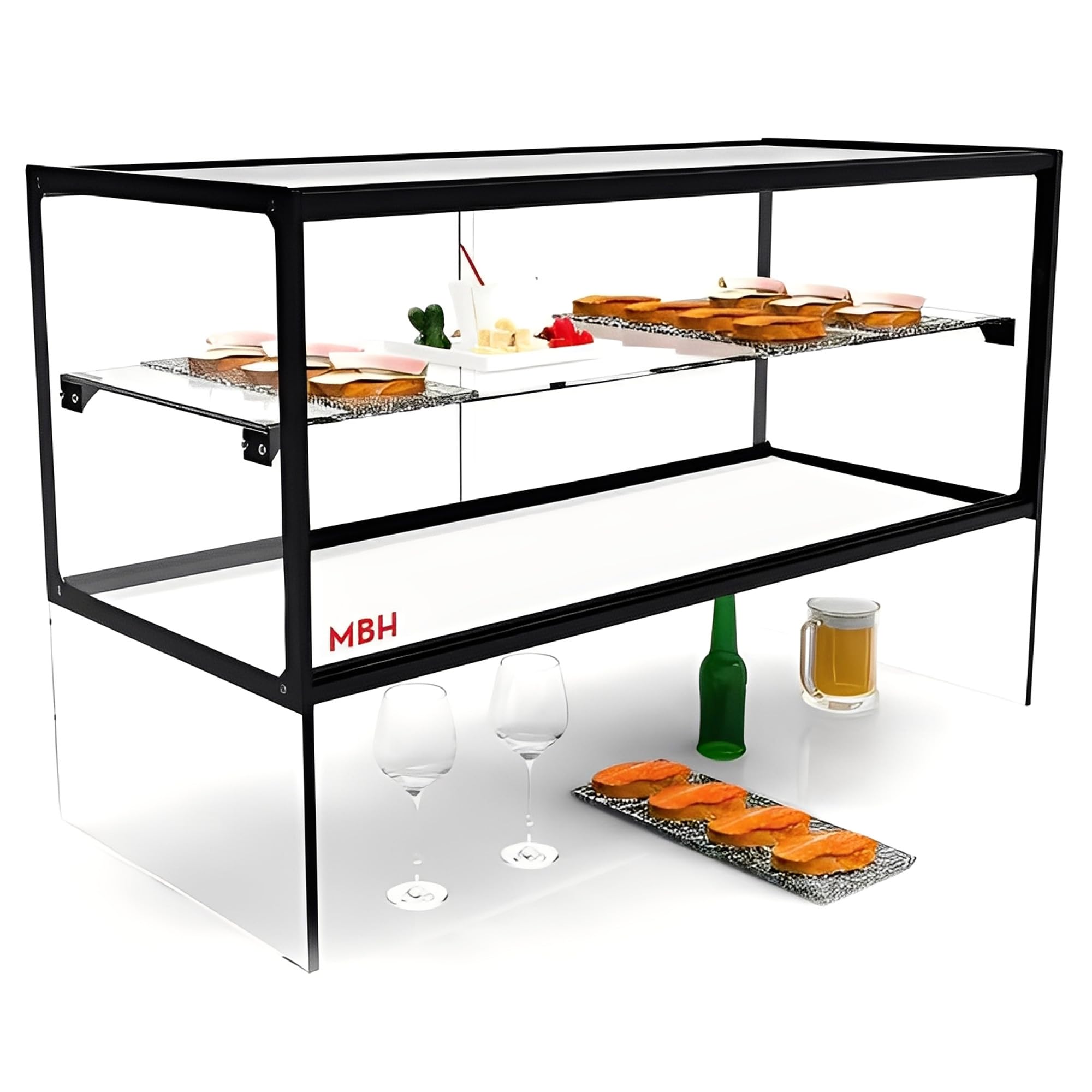 MBH - Espositore Zeppelin neutro quadrato da 55cm per la ristorazione. Vetrina espositiva da banco neutra rialzata per bar e ristoranti. Senza LED.