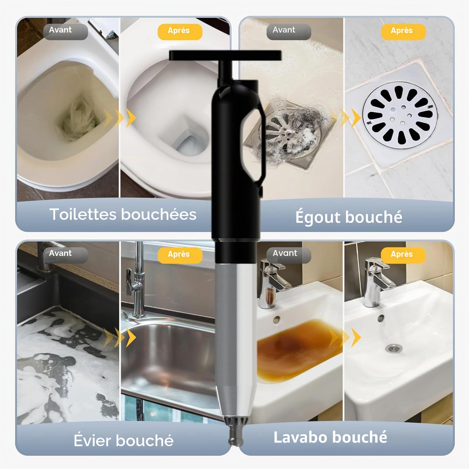 Déboucheur WC Ventouse Haute Pression avec Baromètre, 3 Têtes de Piston et Gonfleur pour Évier, Baignoire, Douche, 4 Accessoires Complet pour Dégorgement Éfficient (2e, Noir)