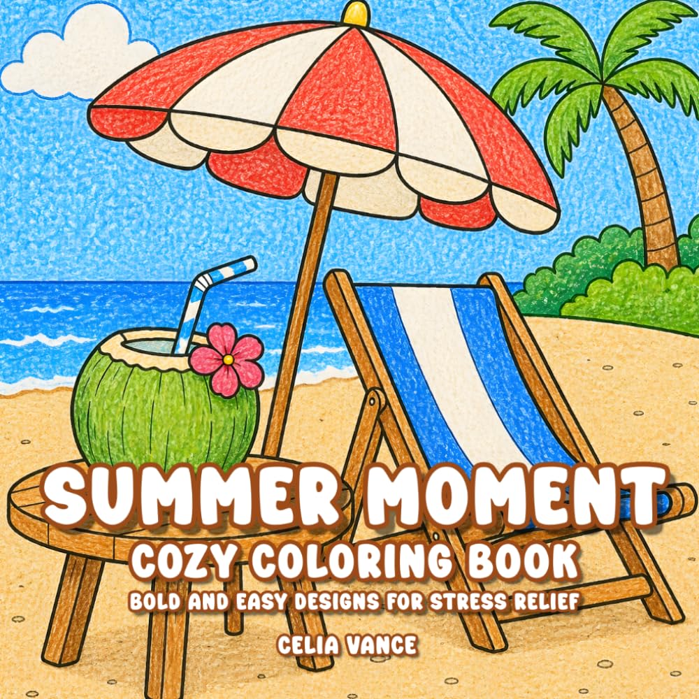 Summer Moment Cozy Coloring Book: Bold and Easy Designs for Stress Relief