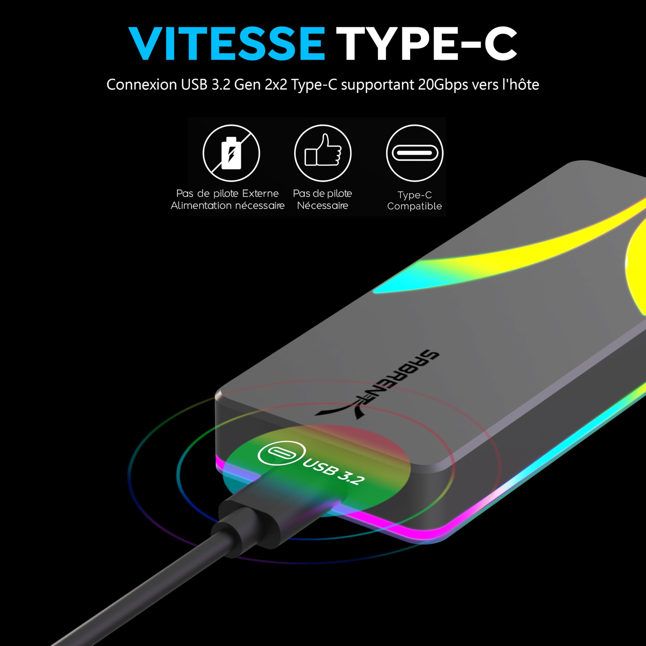SABRENT Boitier SSD NVMe M.2, Adaptateur SSD M2 USB C 20Gbps USB 3.2 Gen2x2, Boitier NVMe Externe en Aluminium Durable pour PCIe, M.2 SATA, M Key/M+B Key 2230/2242/2260/2280 (EC-RGBG)