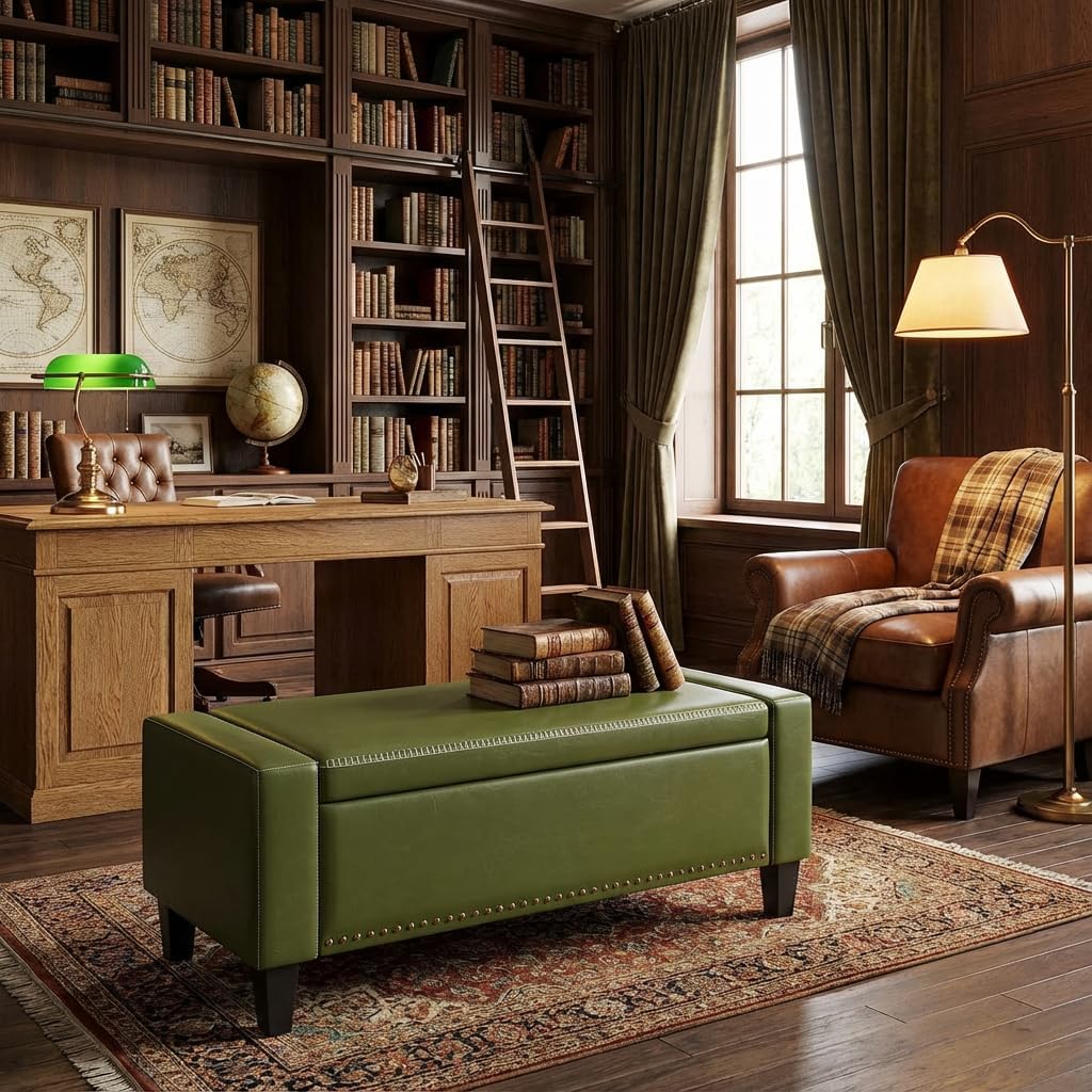 49''W Storage Ottoman Bench, 30 Gallons End of Bed Bench, Faux Leather, Mid Century Modern, Upholstered Bench with Storage and Seat for Entryway, Living Room, Holds up to 350 lb, Green