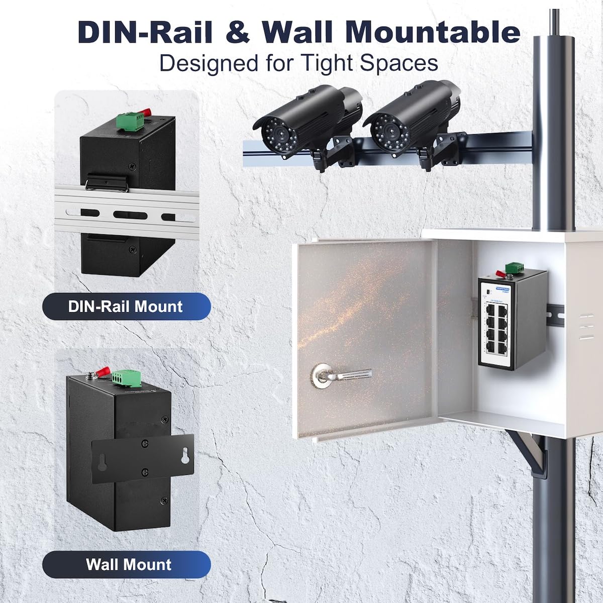 Mini commutateur industriel 8 ports, 10/100 Mbit/s Fast Ethernet, avec rail DIN et support mural, commutateur réseau trempé YuLinca non géré IP30 (-40 à 185 °F)