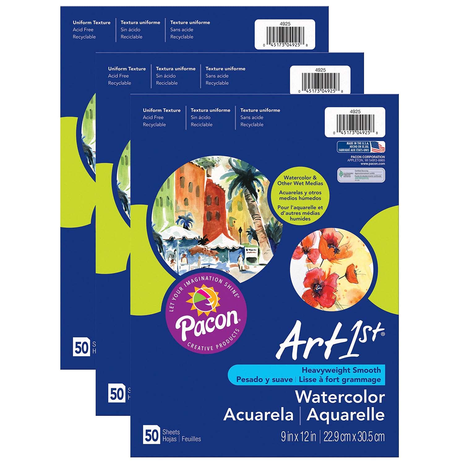 UCreate(r) Watercolor Paper, White, 90lb., 9" x 12", 50 Sheets Per Pack, 3 Packs