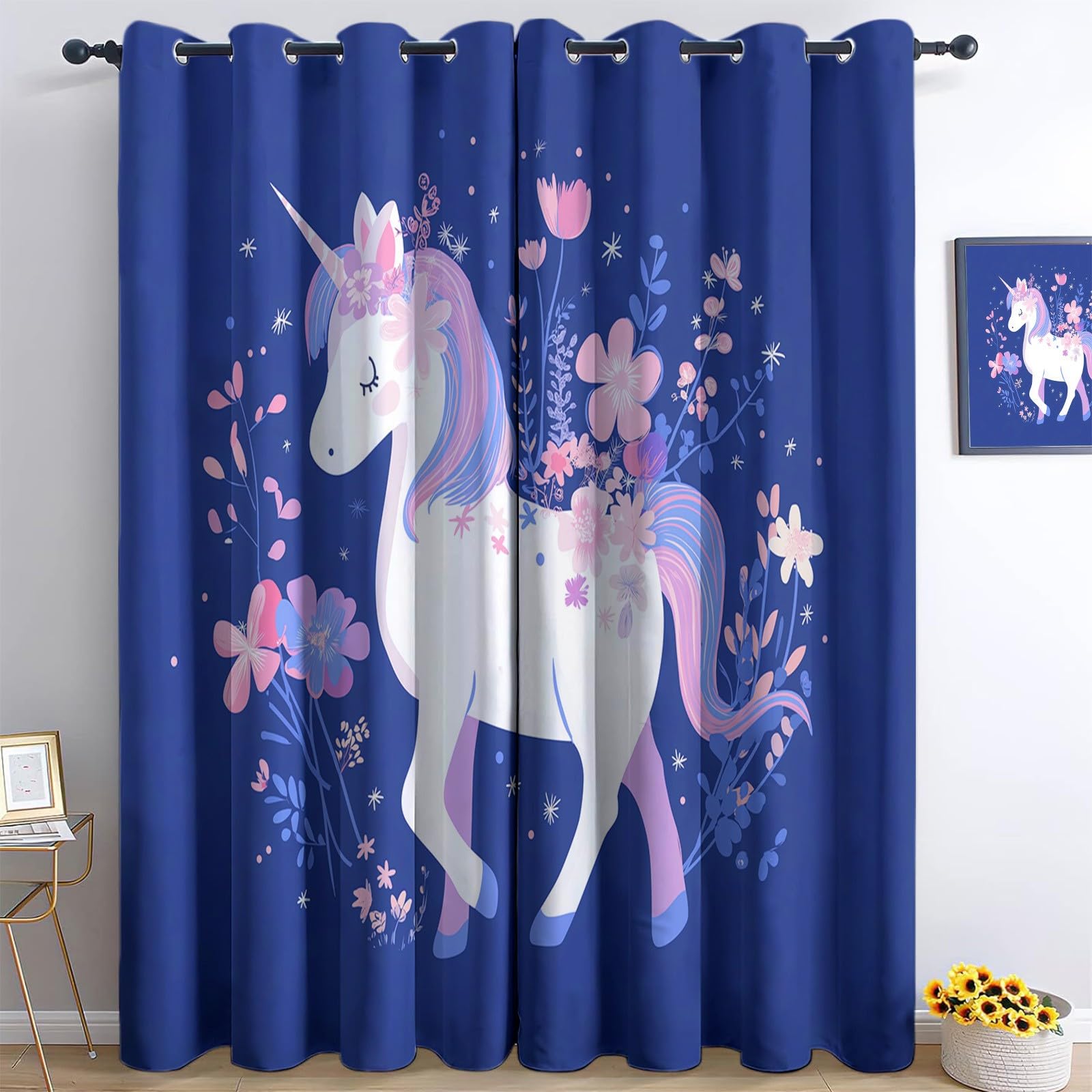 Rideau Occultant Pour Chambre D'Enfants Minimaliste Dessin Animé Fleur Licorne 117 X 229 Cm (Lxh) 2 Pièces Pour Chambre Salon, 3D Impression Rideaux, Lavable En Machine Protection De Privée Bleu Foncé