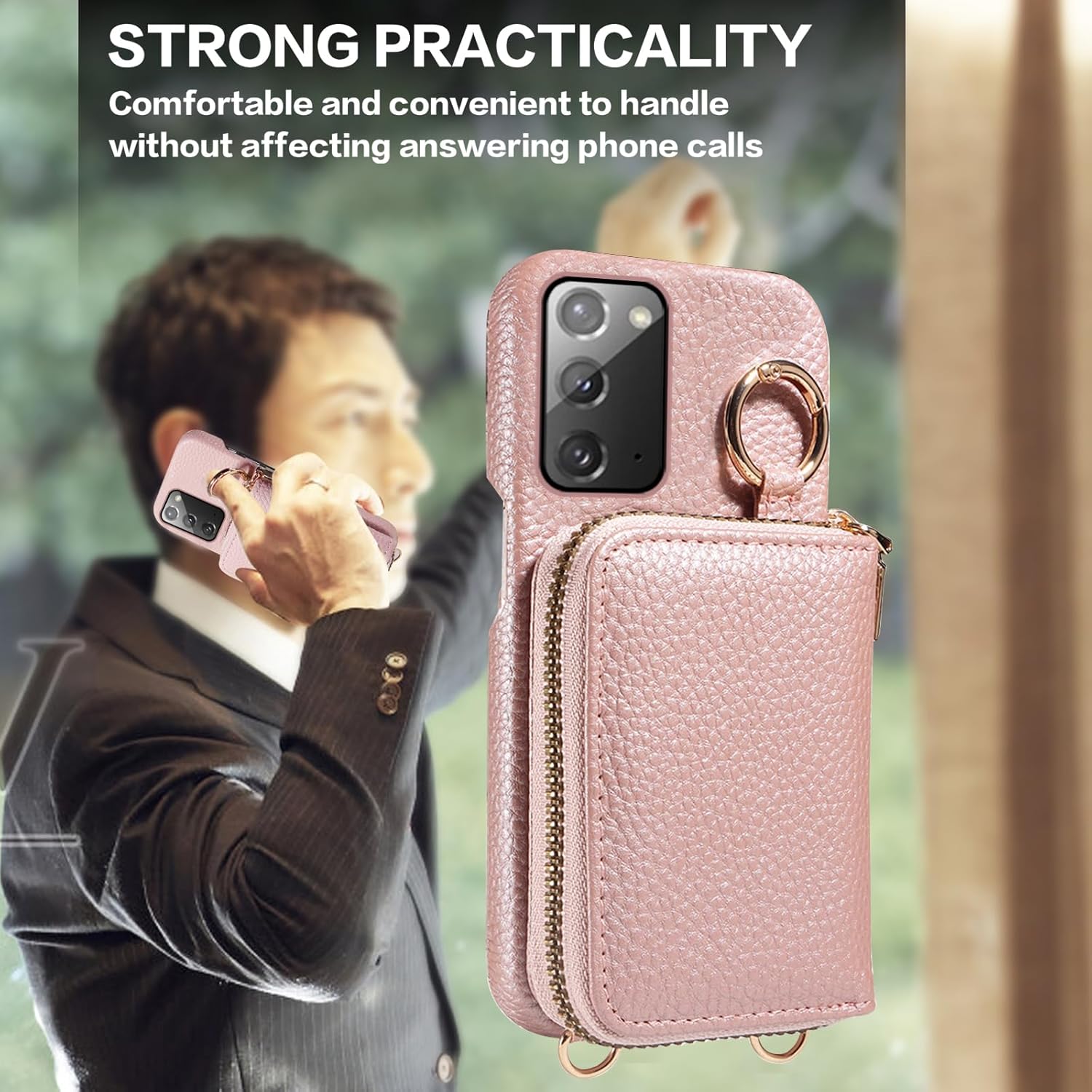Wallet Case for Samsung Galaxy Note 20 5G with Shoulder Strap Ring Buckle, PU Leather Flip Organ Purse, Card Holder Stand Phone Cover for Note20 Notes 20s Twenty Not S20 Women Men Rose Gold