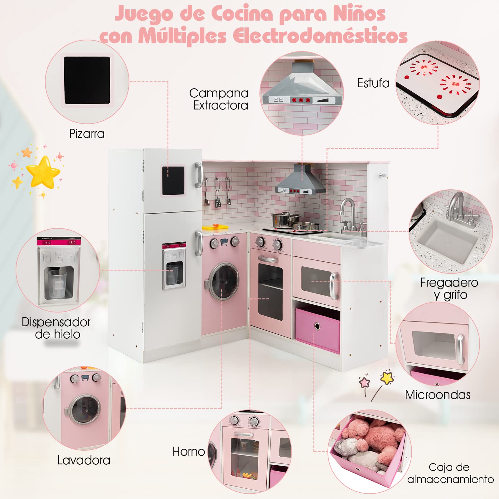 COSTWAY Cocina de Juguete de Madera para Niños, Juguete de Cocina con Delantal, Gorro de Cocinero, Accesorios para Ollas, Fabricador de Hielo, Sonidos y Luces Animadas, Cocina Infantil (Rosa)