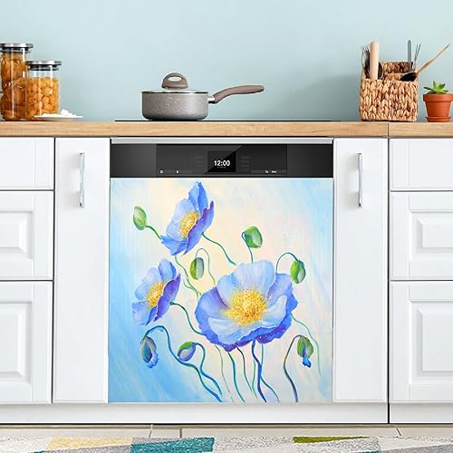 Pintura al óleo con diseño de amapola azul para lavavajillas, cubierta magnética floral de primavera y verano, cubierta de panel de puerta para