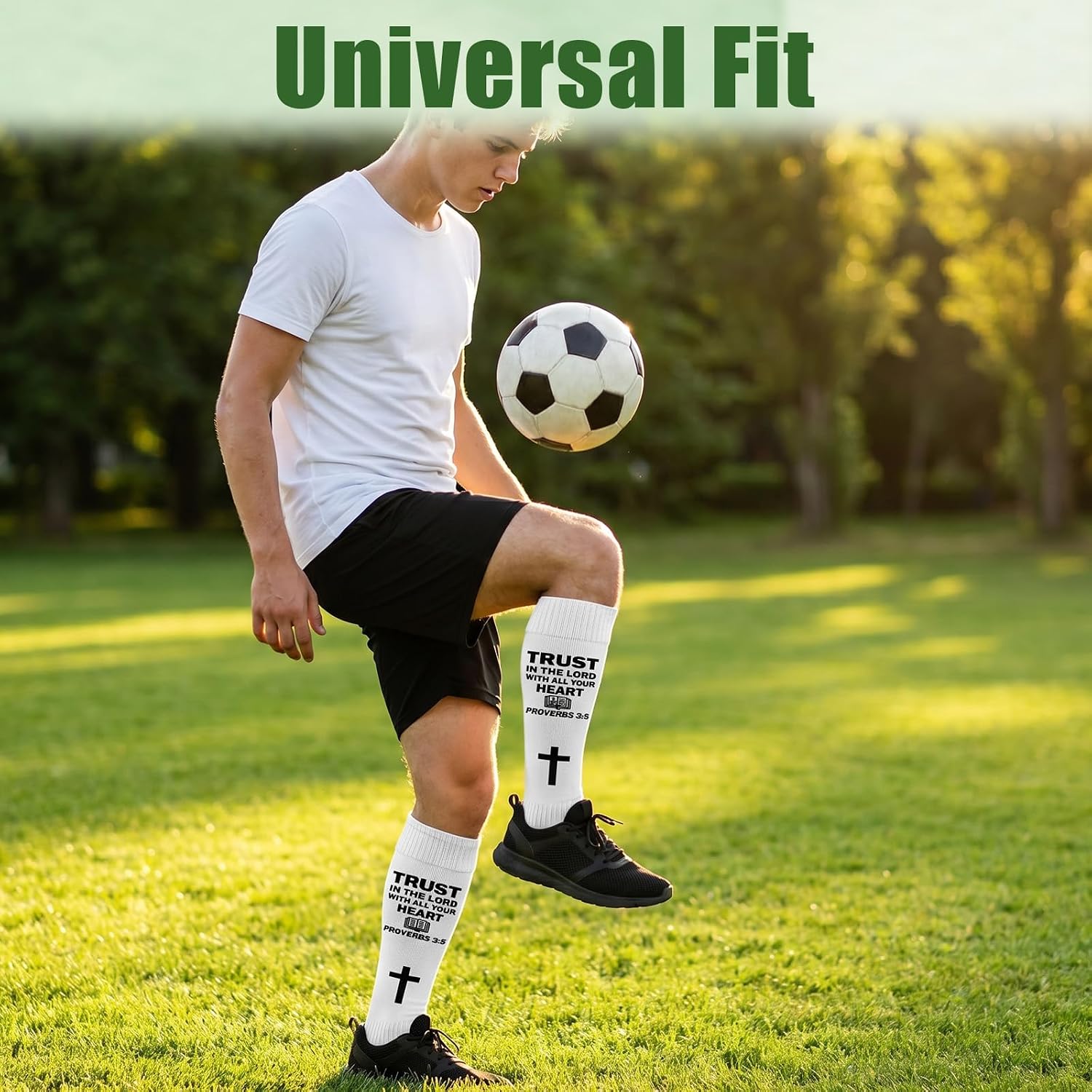 6 Pairs Soccer Shin Guard Sleeves Adult with Inspirational Verse, Pre Cut Soccer Socks for Men Women Elastic Sports Socks Sleeves