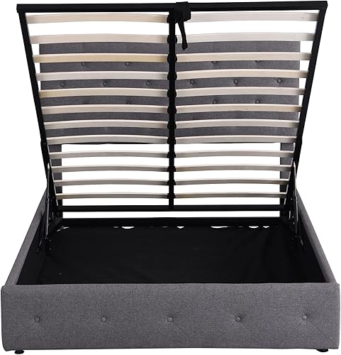 Miniatura 9 de Cama de plataforma tapizada de tamaño matrimonial con espacio de almacenamiento, cama tapizada de madera con cabecera y sistema de almacenamiento