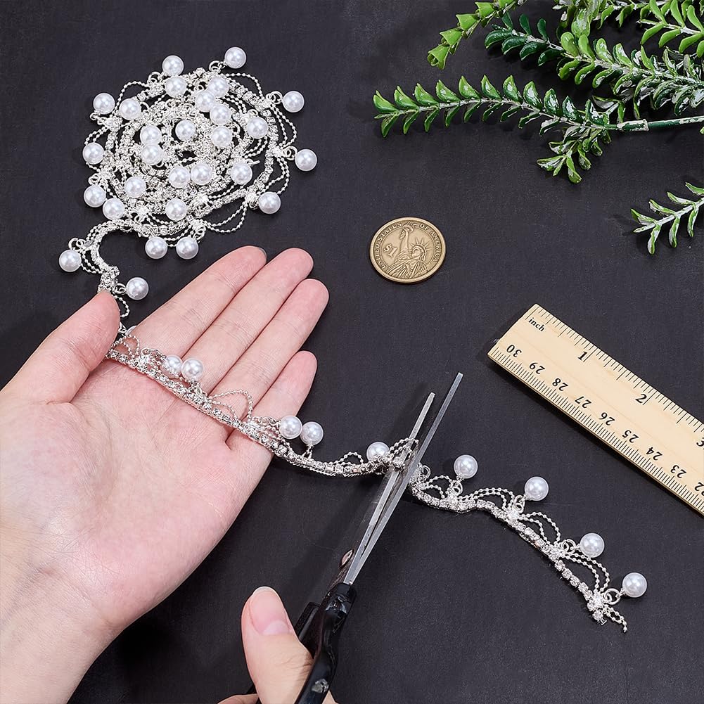 WADORN 1 Yard Pearl Tassel Rhinestone Fringe Trim, Diamond Crystal Beaded Fringe Belt Tassel Strass Chains Applique Bridal Embellishments Chain for DIY Clothing Accessories Wedding Dress Hats Decor