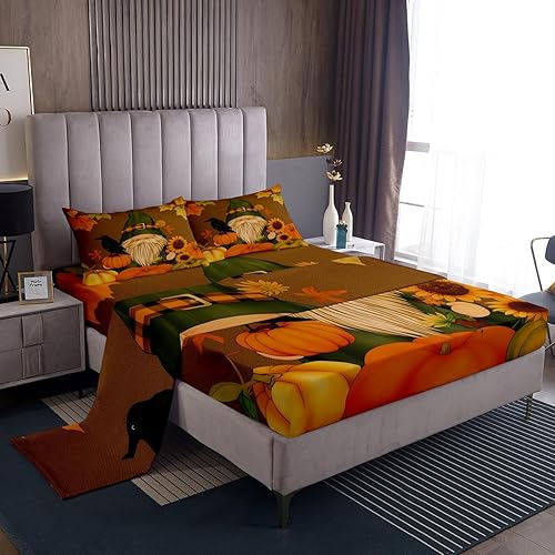 Miniatura 21 de Erosebridal Juego de sábanas de Feliz Acción de Gracias, juego de sábanas de calabaza de otoño, hojas de otoño y otoño, sábana superior