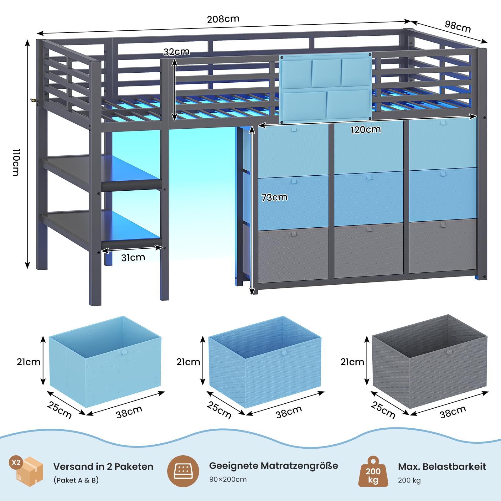 AOGLLATI Hochbett 90x200 mit LED, 9 Schubladen, Treppe als Ablagen nutzbar | Kinderbett mit Rausfallschutz 32 cm, Spielvorhang, Spielbereich unter dem Bett für Kinder, Grau+Blau, ohne Matratze