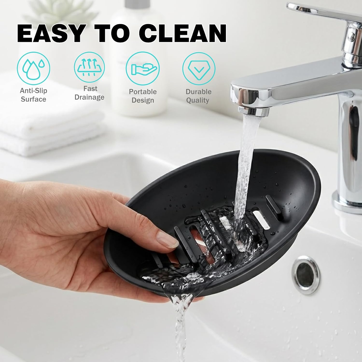 2 Pack Boat-Shaped Silicone Soap Dish with Drain, Self Draining Soap Holder for Bathroom, Shower and Kitchen Sink, Non-Slip Soap Saver Tray Keeps Bar Soap Dry and Clean, 5 x 3.5 Inch (Black+White)