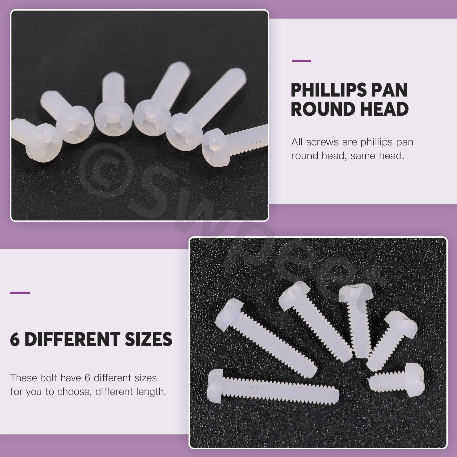 Swpeet 360 pezzi 6 misure M2 viti a testa tonda pan in nylon bianco con dadi esagonali e guarnizioni kit assortimento, viti a testa tonda pan Phillips Cross in nylon, lunghezza 4/5/6/8/10/12mm