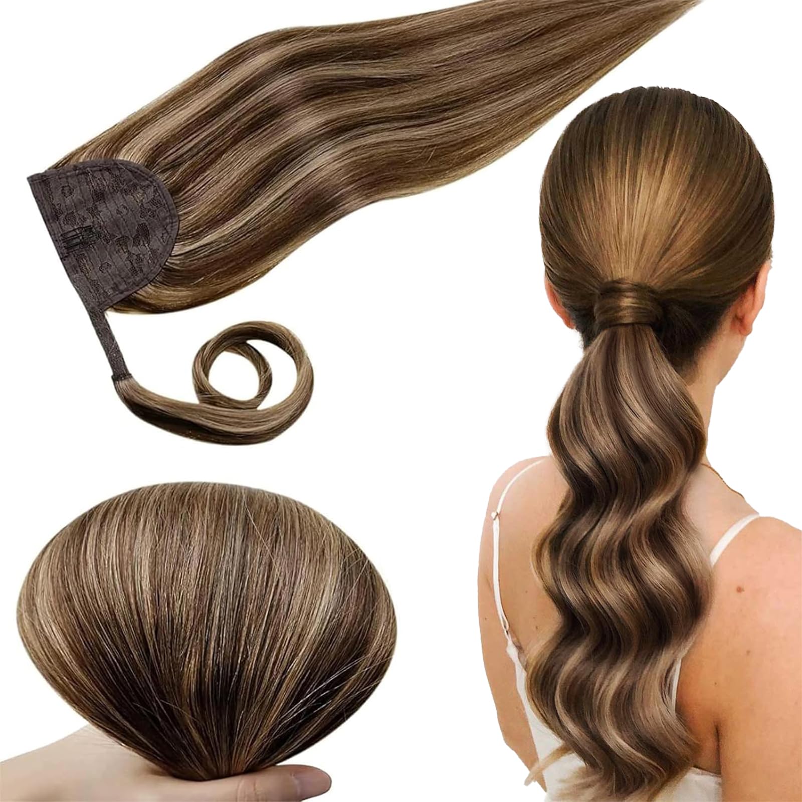 RUNATURE Real Hair Ponytail Extension, Clip in Ponytail Extension Human Hair with Magic Paste, Straight Soft Remy Human Hair Pony Tail, 16 Inch 80g