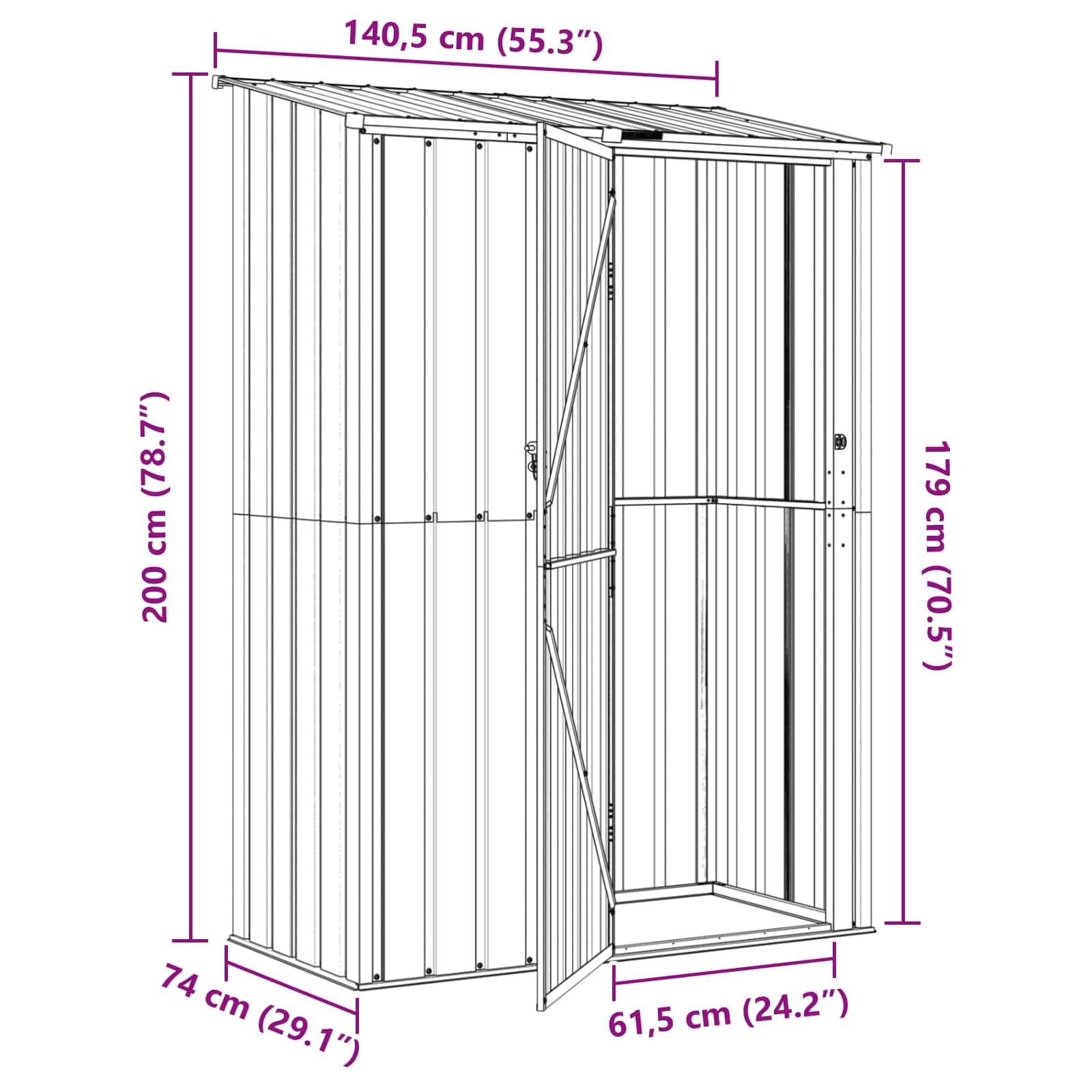 Domek ogrodowy metalowy, brązowy, 140,5 x 74 x 200 cm, z zamkiem, odporna na warunki atmosferyczne, na taras, balkon, podwórko, szopa na narzędzia z miejscem do przechowywania narzędzi