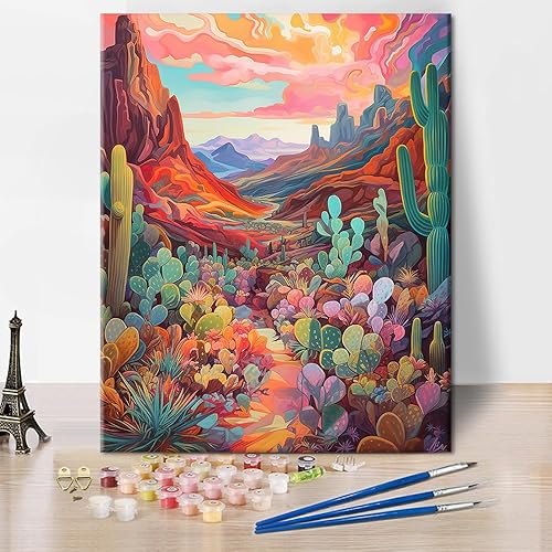 TUMOVO Pintura de paisajes por números para adultos, kits de pintura de suculentas por números, pintura de números de cactus para adultos con