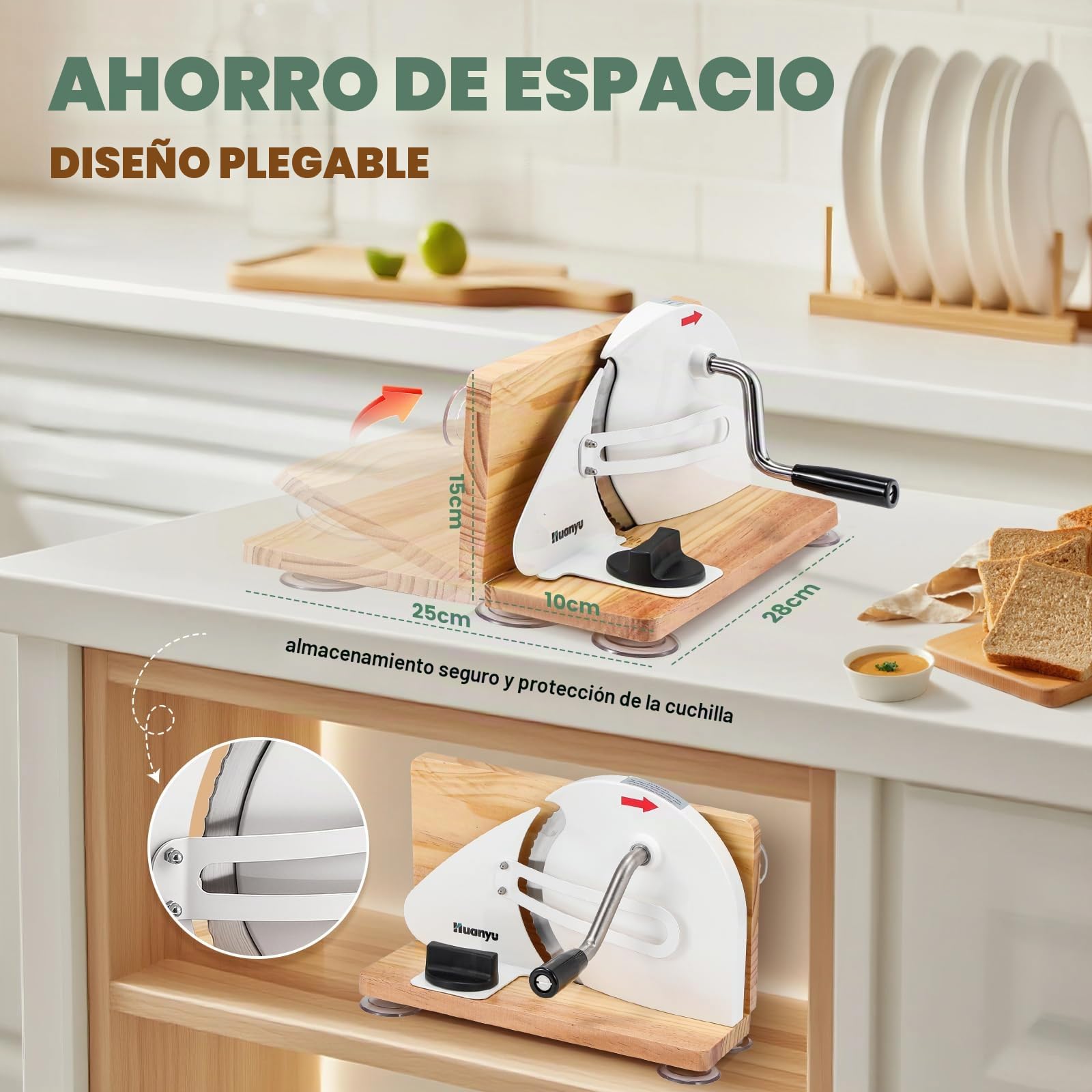 Huanyu Cortadora de pan manual con grosor ajustable de 0 a 2 cm Cortadora de pan de masa madre plegable con ventosas (Blanco)