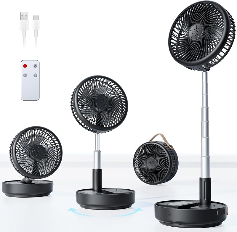 Portable Oscillating Travel Fan, 10400mAh Rechargeable Battery with Remote | Foldable, Floor Table Desk Fan ,8H Timer, 4 Speed Settings Pedestal Fan for Home Bedroom Sleeping Camping Cruise, Black 8"