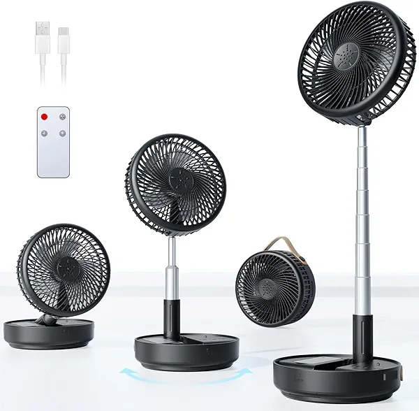 Primelove Portable Oscillating Travel Fan, 10400mAh Battery Operated Rechargeable USB Floor Table Desk Fan with Remote, 4 Speed Settings Pedestal Fan for Home Bedroom Office Camping Cruise, Black 8"