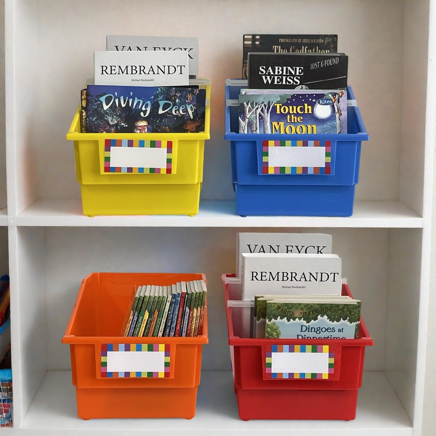 RAUVOLFIA 6 Pack Picture Book Organizer Bins with Dividers, Large Plastic Book Holders with Labels, Multi Purpose Classroom Organization Bins Storage Container for Classroom Library (Rainbow)