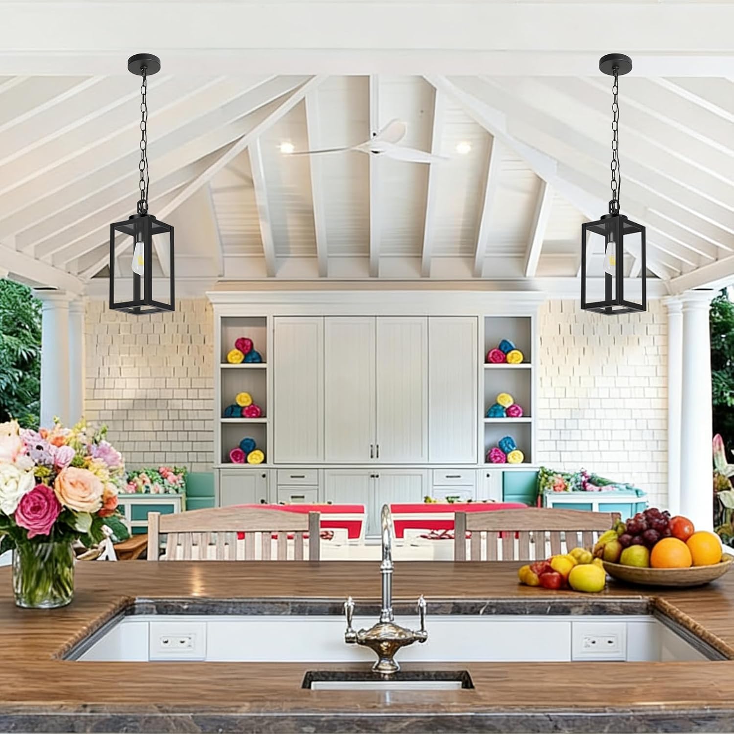 2 Pack 13" Outdoor Pendant Light for Porch,Black Lantern Hanging Chandelier with Adjustable Chain, Anti-Rust Exterior Hanging Ceiling Fixture for Hallway,Front Door,Entryway Patio.