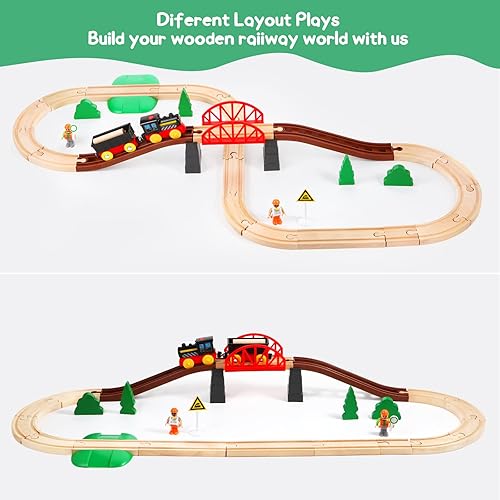 Miniatura 7 de Asweets Juego de tren de madera para niños pequeños, 40 piezas con riel de tren eléctrico para Thomas, Brio, Melissa y Doug imán de tren de batería