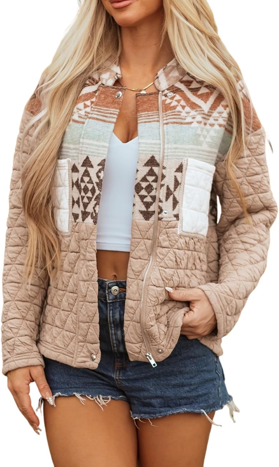 Wolddress Womens Western Jacket Light French Beige Aztec Quilted Patchwork Western Fashion Jacket