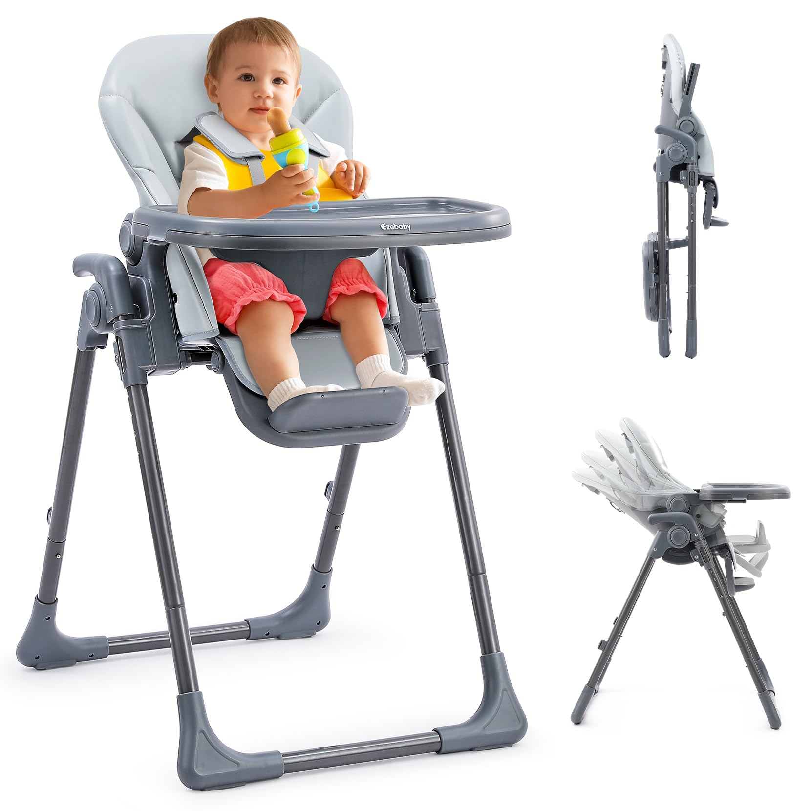 Ezebaby Chaise Haute Bébé Evolutive Chaise enfant 6 Réglable en Hauteur, Pliable, avec Roues Intégrées et Harnais de Sécurité à 5 Points Idéale pour Manger et Jouer (Gris)