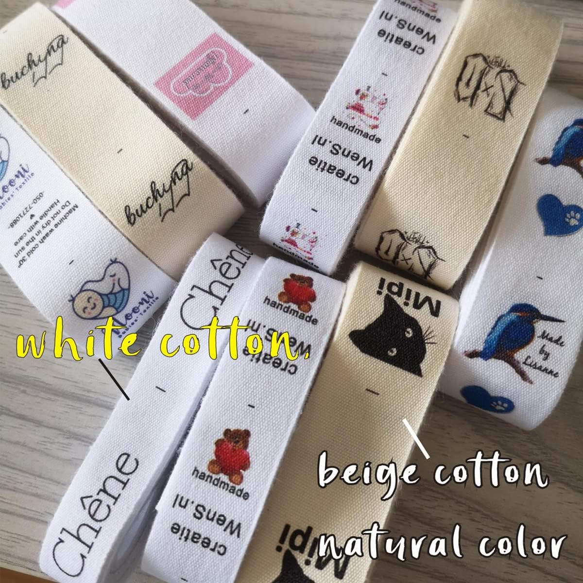 XDE Custom Sewing Labels Personalized Sew on,Clothing Tags,Sewing Labels,Custom Name Design Handmade Business Text Logo Personalized Soft Satin Ribbon Fabric Label (Natural Color,100P)