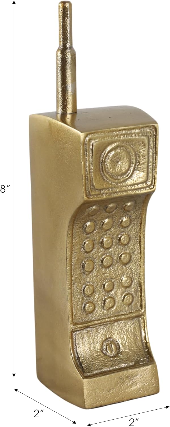 Metal Cordless Phone Decorative Object for Home Decor - Ornaments for Bathroom, Office Desk, and Coffee Table - Vintage Inspired Accent for Shelf Display or Living Room Decor - 8", Gold