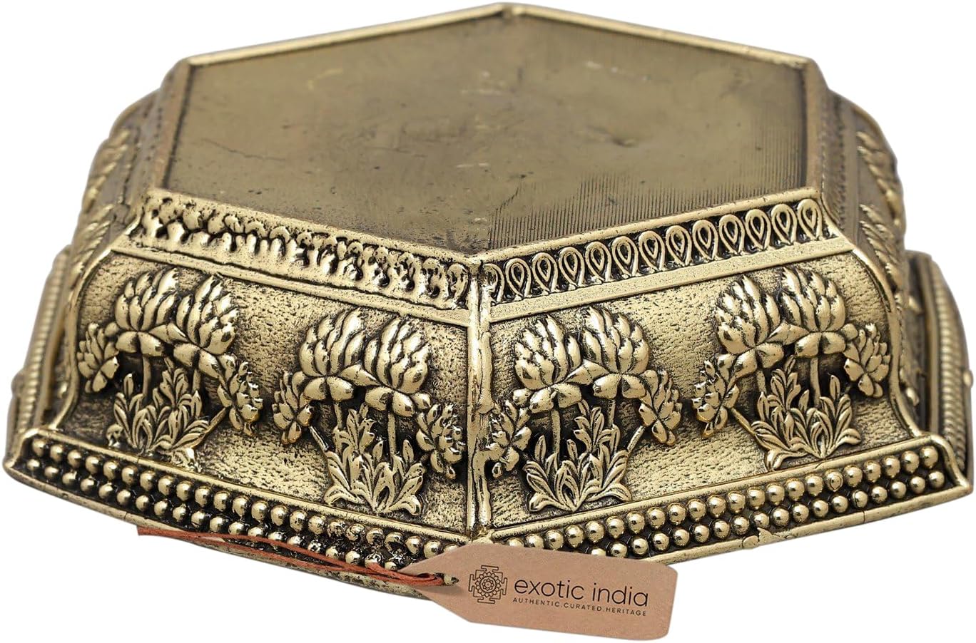 Exotic India Small Superfine Pedestal Brass | Ritual Pooja Temple Chowki for Home Décor & Office Décor | Antique Mandir Altar Table Gift