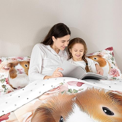 Miniatura 5 de Erosebridal Juego de ropa de cama de conejillo de indias para niños y niñas, juego de edredón de rosas rojas tamaño matrimonial, edredón acolchado