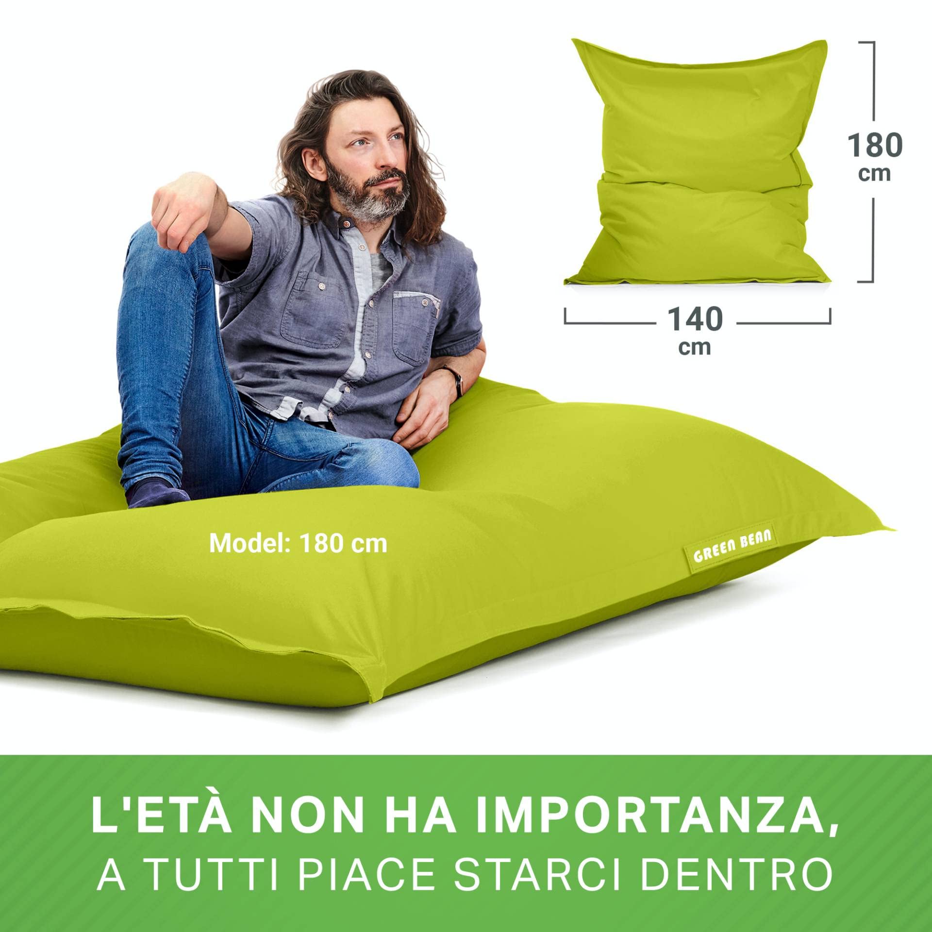 Green Bean Poltrona a sacco XXL 140x180cm 380L Bambini Adulti Imbottitura Perle EPS Impermeabile Lavabile Verde chiaro