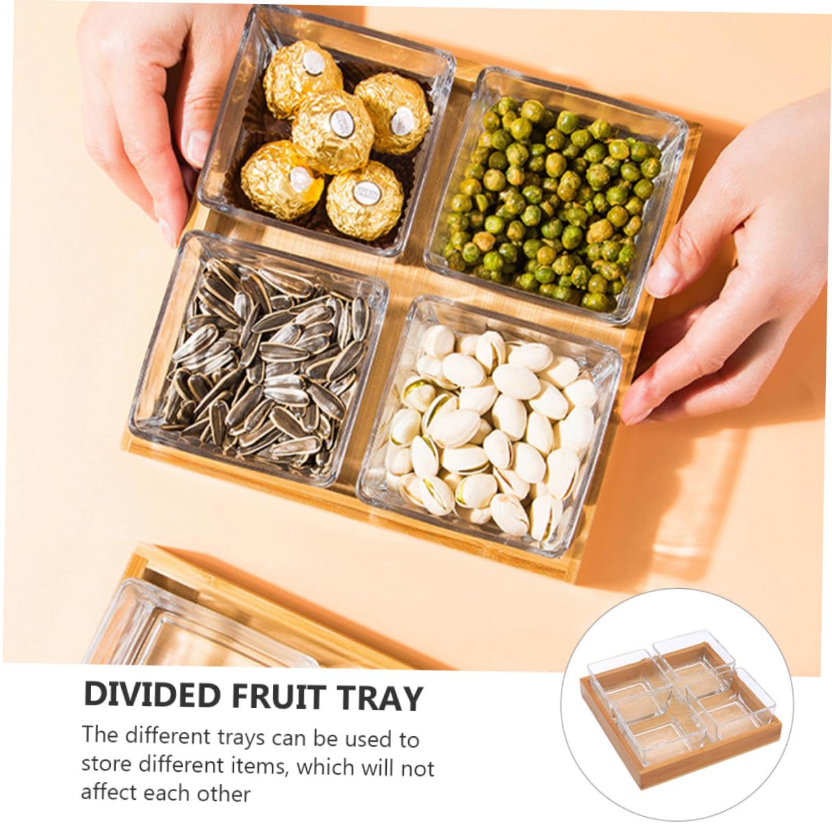 BESPORTBLE Plateau de Service Divisé Verre avec Support Bois Assiette Snack pour Fruits Secs et Noix de Compartiments sans Couvercle Plateau Apéritif Multifonction pour Maison et Fête