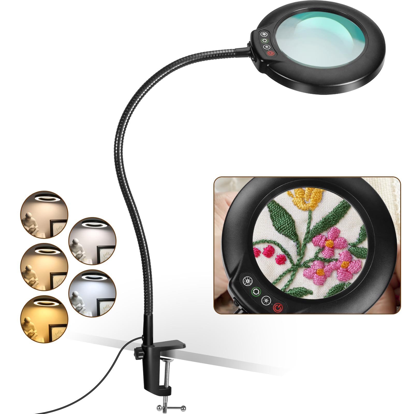 Veemagni Lente d'ingrandimento 12X in vero vetro con luce, 5 modalità di colore, dimmerabile continuamente, lampada da scrivania a LED a collo d'oca flessibile da 58,4 cm, con morsetto, lente