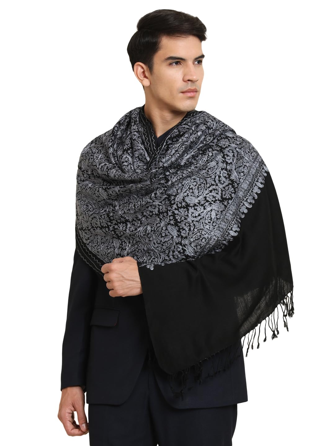 zamour Fine Wool Luxury Stole, Kashmiri Silk Embroidery, Pashmina Feel Shawl Wrap for Men-picture-32