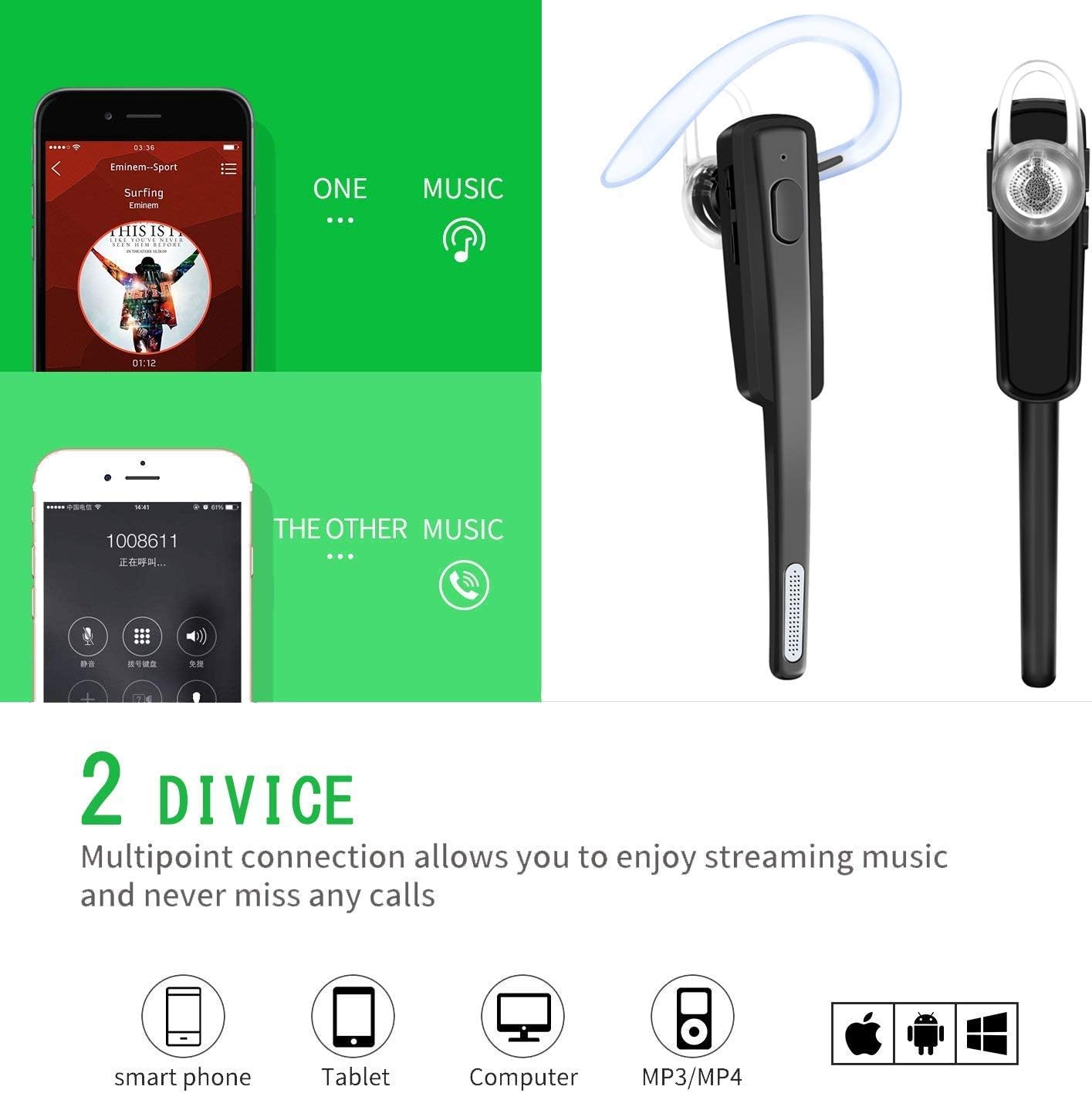 Diagram illustrating multipoint connection of COMEXION Bluetooth Headset V4.1 to two devices simultaneously