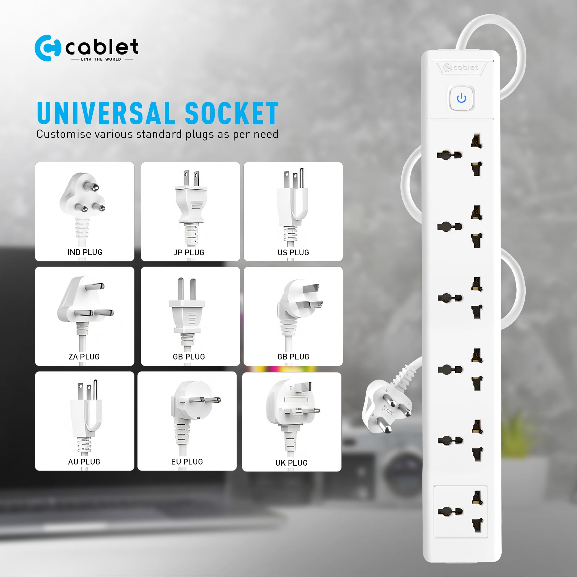 Cablet 6 Way Extension Board - 6 Universal Socket + 1 Switch, 10A